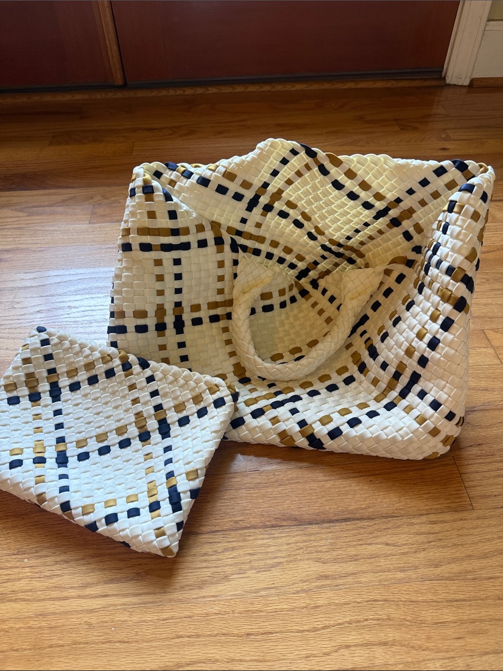 NAGHEDI Woven Plaid Tote Bag with Matching Pouch - Cream, Navy & Mustard